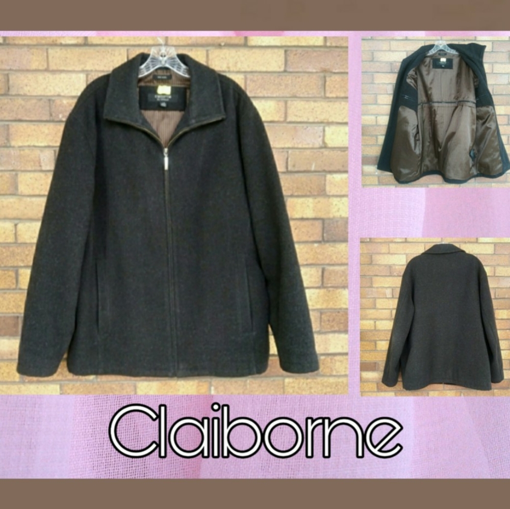 Claiborne Outerwear Wool Over Coat Brown Large